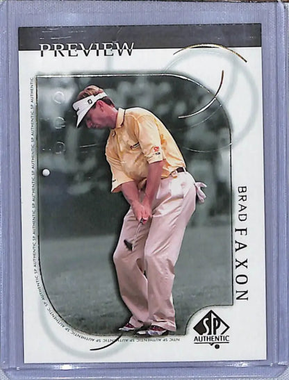 Brad Faxon mid-swing in tan and pink on 2001 Upper Deck SP Authentic Golf Card