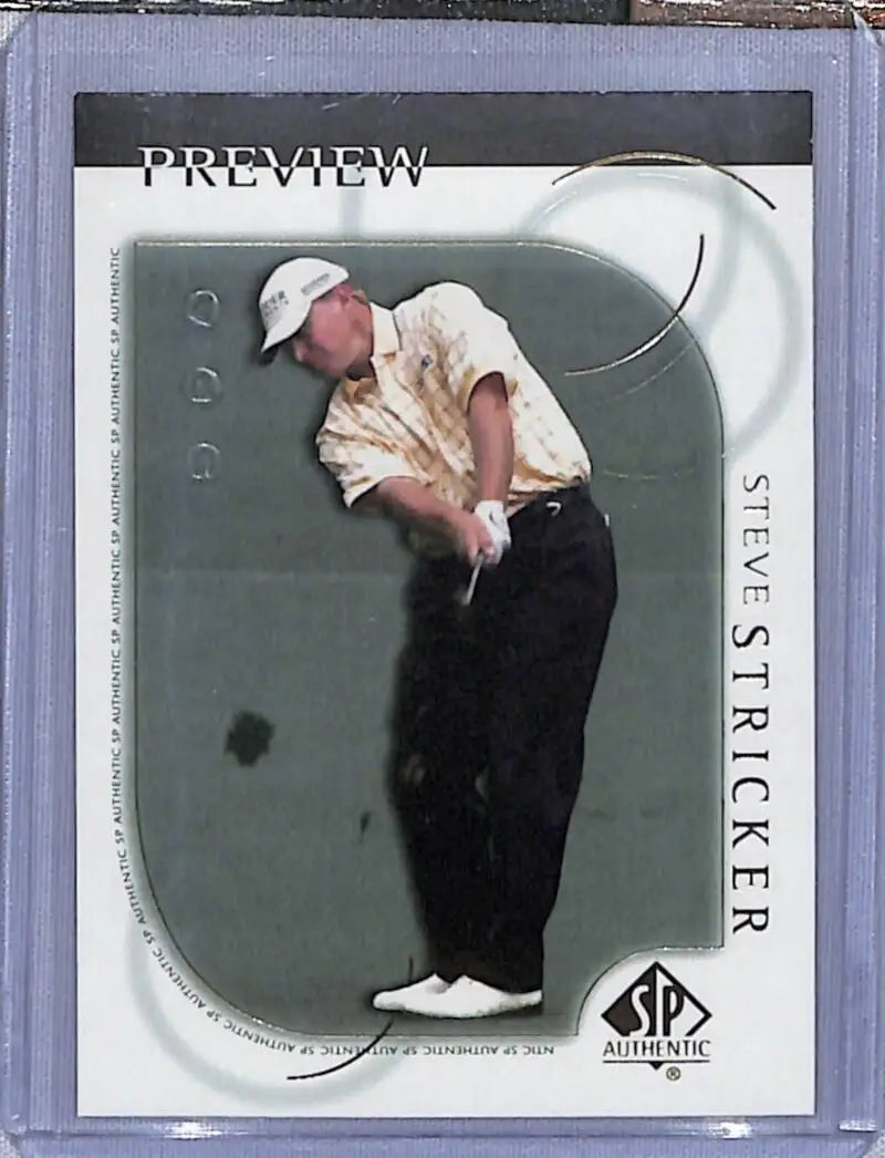 Steve Stricker mid-swing in 2001 Upper Deck SP Authentic Preview Golf Card