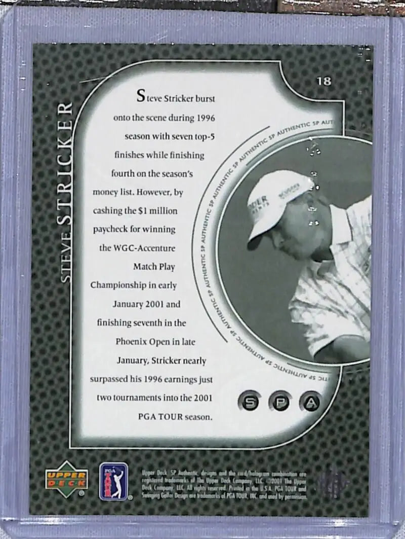 Golf trading card featuring Steve Stricker in 2001 Upper Deck SP Authentic design