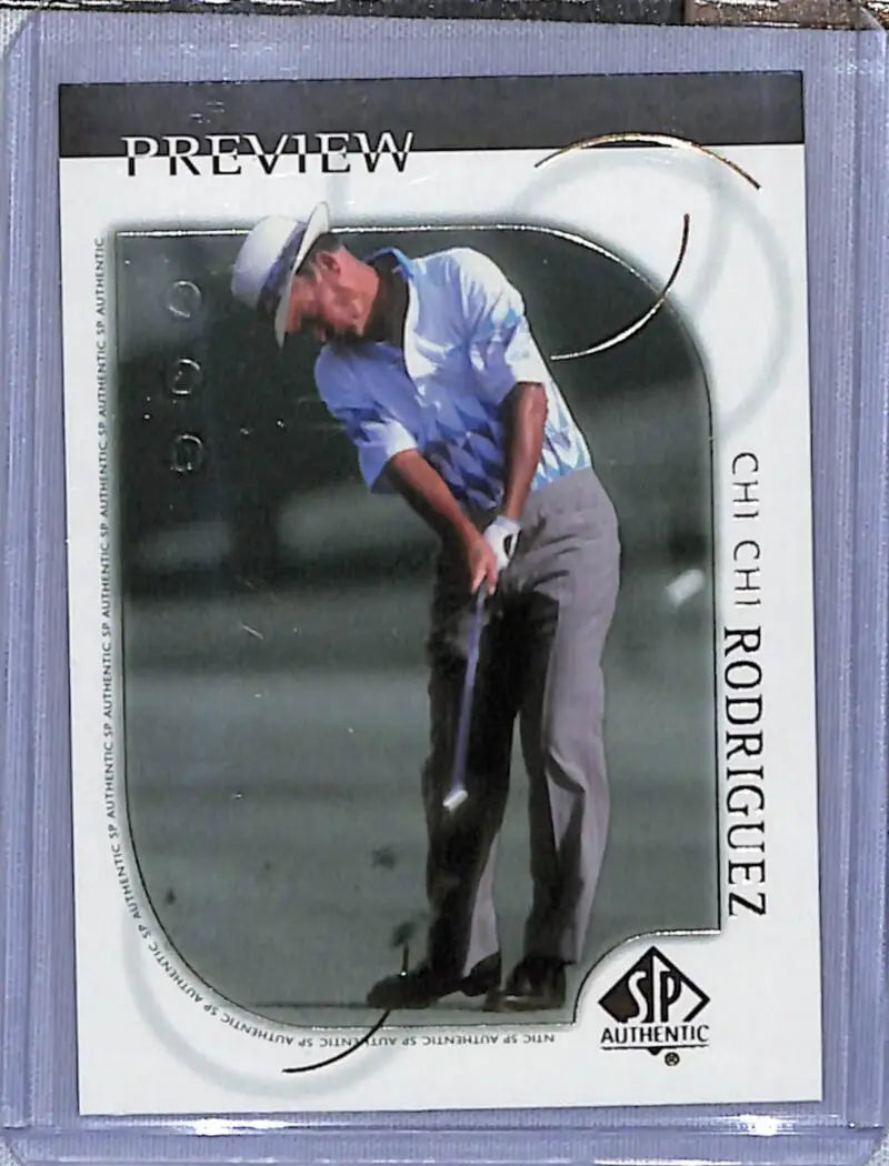 Chi Chi Rodriguez trading card featuring golfer mid-swing in blue shirt and gray pants