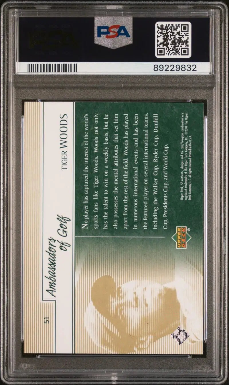 PSA-graded 2001 Upper Deck SP Authentic Tiger Woods card in protective case with QR code