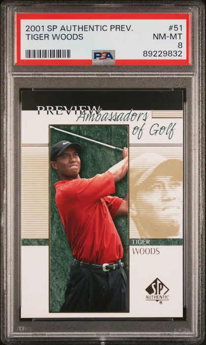 PSA-graded 2001 Upper Deck SP Authentic Preview Tiger Woods Golf Card in case