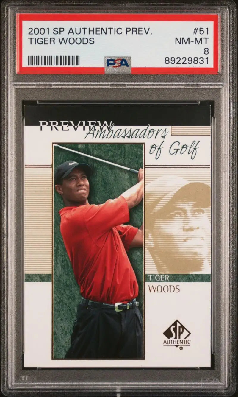 PSA-graded 2001 Upper Deck SP Authentic Preview Tiger Woods Golf Card mid-swing image