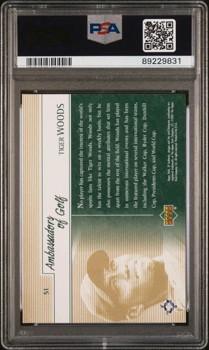 Graded Tiger Woods Upper Deck SP Authentic card in PSA case with QR code