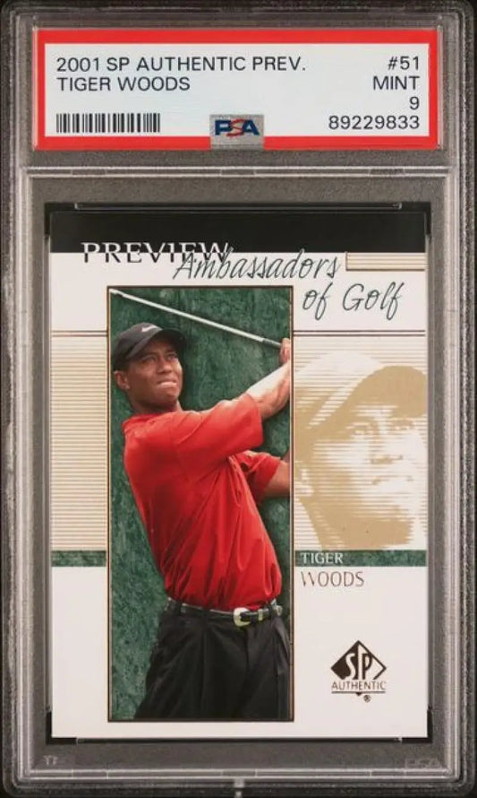 PSA-graded 2001 Upper Deck SP Authentic Preview Tiger Woods golf card mid-swing