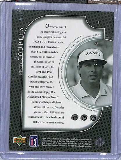 Golf trading card of Fred Couples in white Maxfli hat from Upper Deck SP Authentic