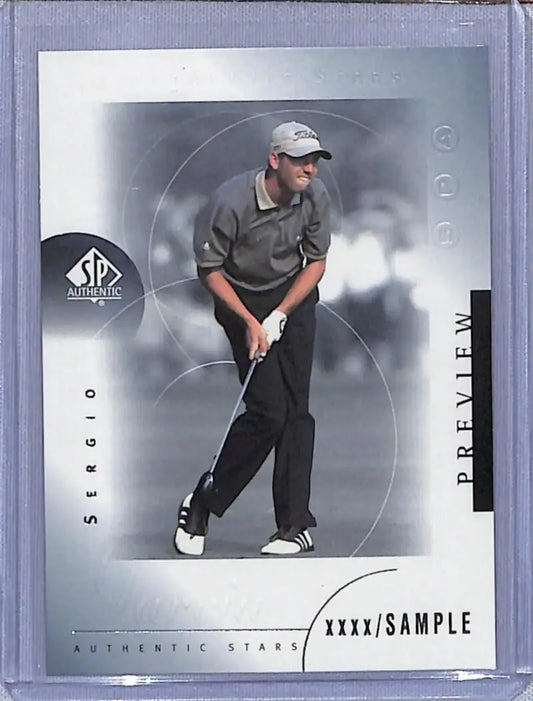 Sergio Garcia mid-swing in dark clothing on 2001 Upper Deck SP Authentic Golf Card