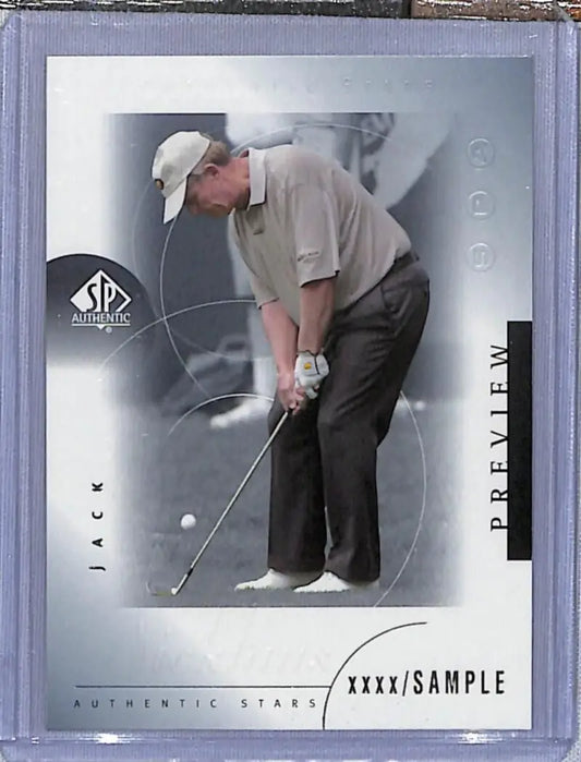 Golf trading card of Jack Nicklaus mid-swing in khaki pants, Upper Deck SP Authentic