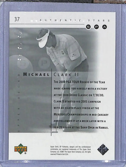 Trading card of Michael Clark II swinging in light outfit from Upper Deck SP Authentic