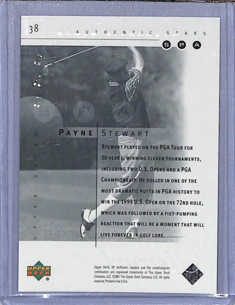 Black and white sports trading card of Payne Stewart from 2001 Upper Deck SP Authentic Preview