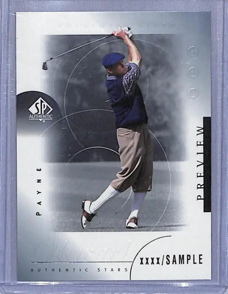 Payne Stewart mid-swing in navy and white on 2001 Upper Deck SP Authentic Preview card