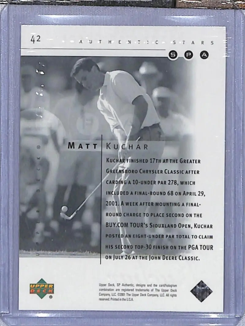 Black and white trading card of Matt Kuchar from Upper Deck SP Authentic collection