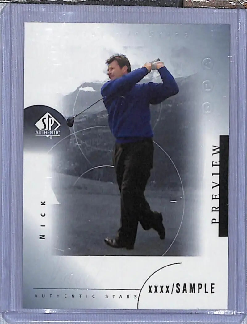 Trading card of Nick Faldo mid-swing in navy blue sweater, Upper Deck SP Authentic