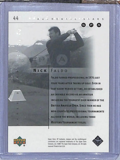 Back side of 2001 Upper Deck SP Authentic Nick Faldo golf card with text and design