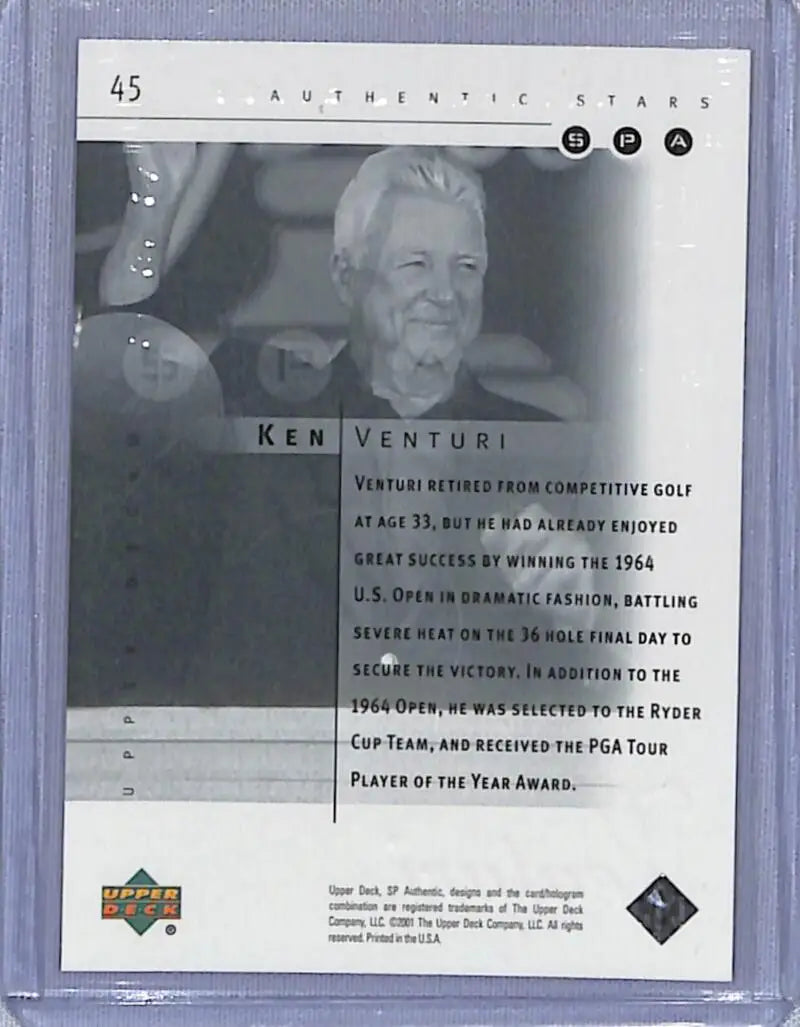 Black and white golf card of Ken Venturi from 1964 U.S. Open in Upper Deck SP Authentic