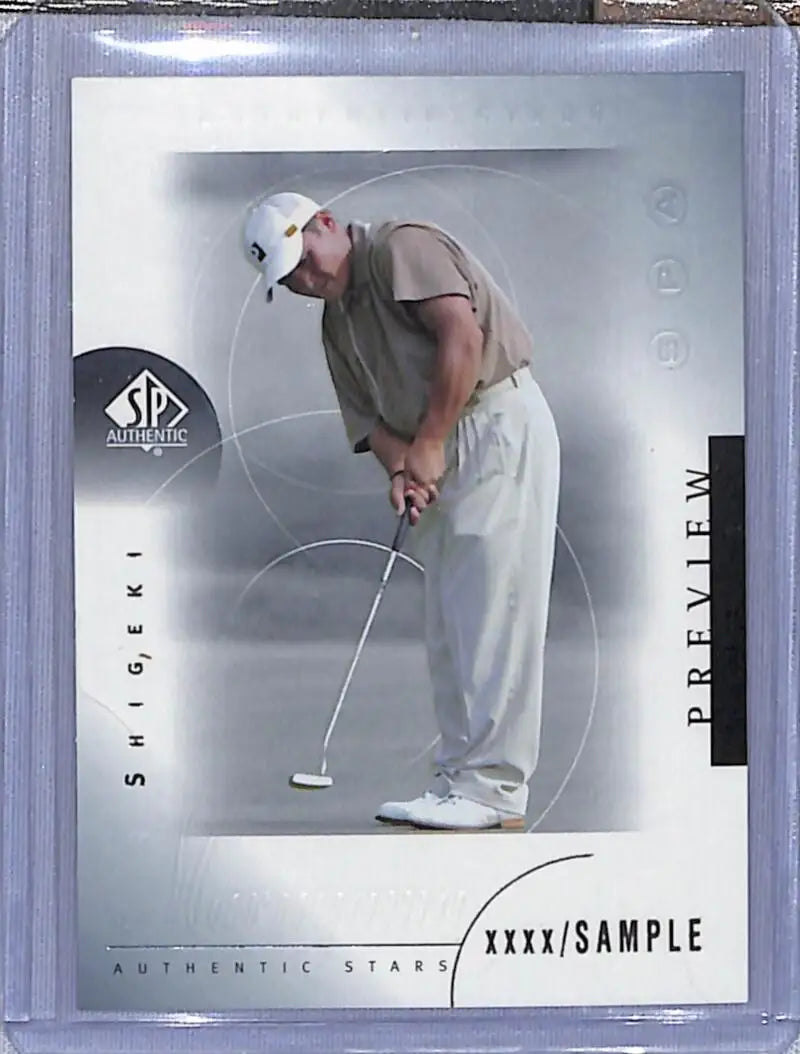 Golf card of Shigeki Maruyama in a mid-putting stance from 2001 Upper Deck SP Authentic