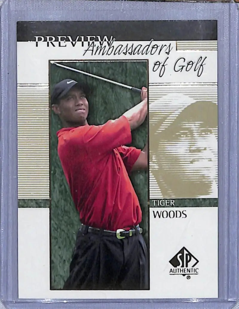 Tiger Woods mid-swing in red shirt on 2001 Upper Deck SP Authentic Golf Card