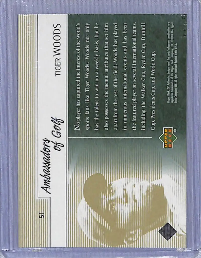 Tiger Woods portrait on 2001 Upper Deck SP Authentic golf card with green background