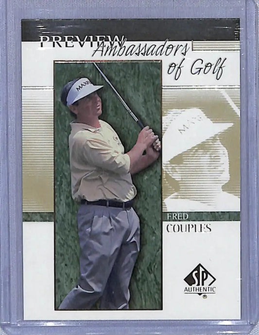 Golf trading card of Fred Couples mid-swing in white shirt and gray pants, Upper Deck SP Authentic