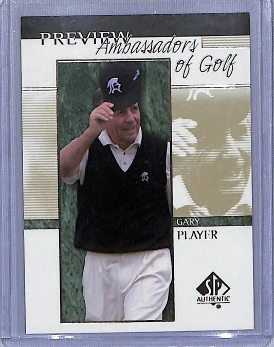 Golf trading card of Gary Player in black sweater and white pants, Upper Deck Authentic Preview