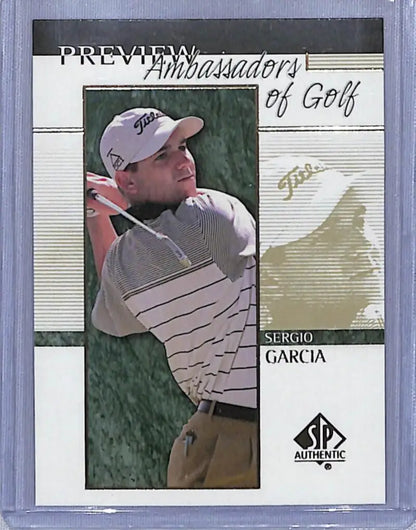 Sergio Garcia mid-swing on 2001 Upper Deck SP Authentic Preview golf card