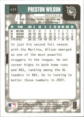 Back of 2001 Upper Deck Victory #425 Preston Wilson Florida Marlins Baseball Card