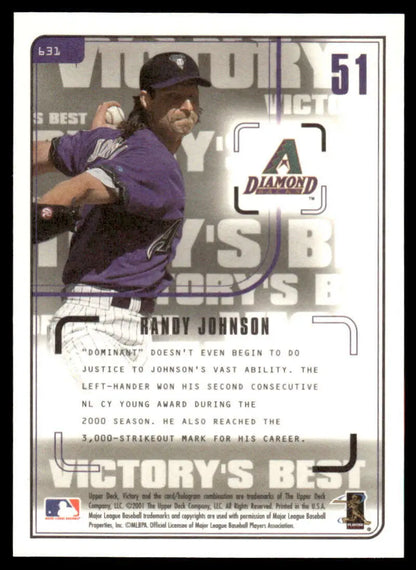 Baseball card of Randy Johnson in purple uniform for Arizona Diamondbacks Upper Deck Victory