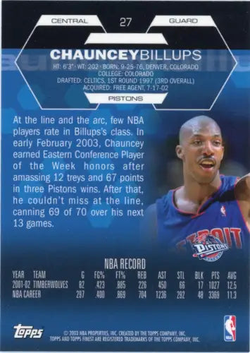 Chauncey Billups Detroit Pistons basketball card from 2002-03 Finest #27 NM-MT