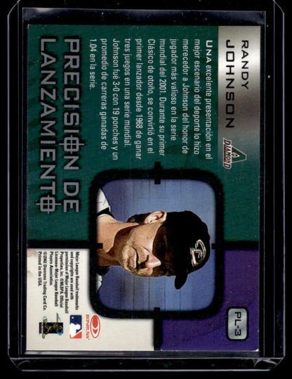 Baseball trading card featuring 2002 Donruss Super Estrellas Randy Johnson design