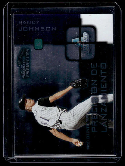 Randy Johnson pitching in white pinstriped uniform - 2002 Donruss Super Estrellas card