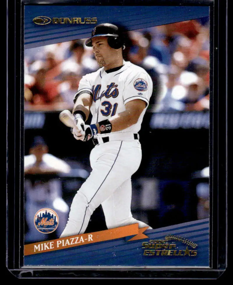 Baseball card of Mike Piazza swinging bat, 2002 Donruss Super Estrellas New York Mets