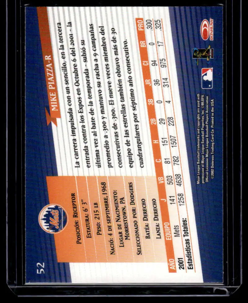 Baseball card featuring New York Mets stats from Donruss Super Estrellas Mike Piazza