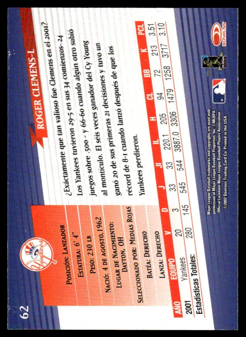 2002 Donruss Super Estrellas Roger Clemens baseball card with player stats and team info