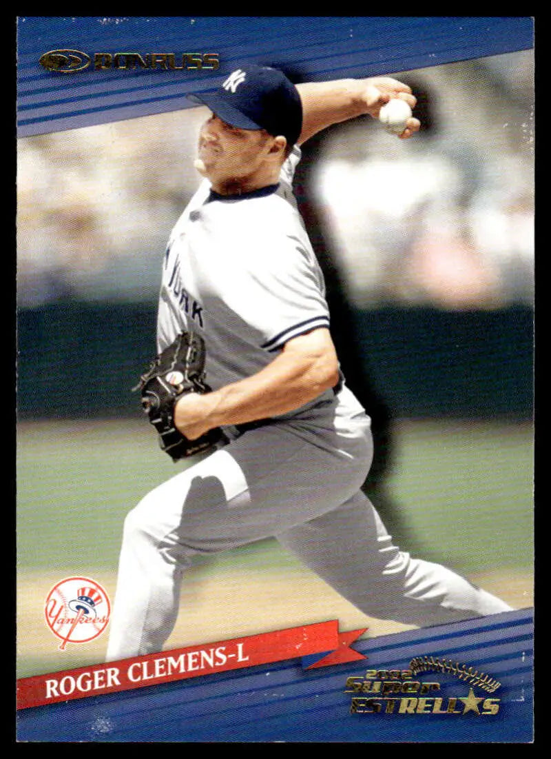 Baseball pitcher in New York Yankees uniform mid-delivery on 2002 Donruss Super Estrellas card