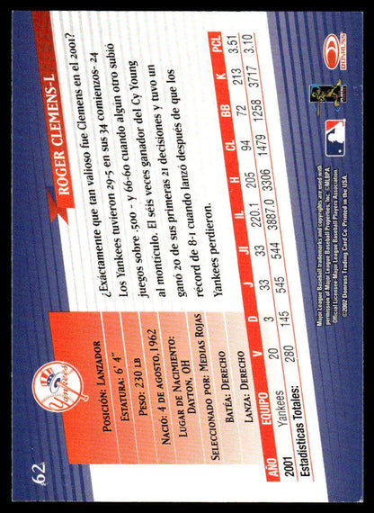 Baseball trading card featuring Roger Clemens stats for Donruss Super Estrellas Yankees