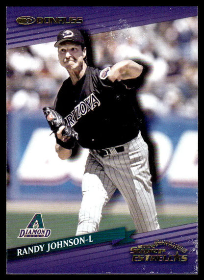 Baseball card of Randy Johnson in black uniform from Donruss Super Estrellas series