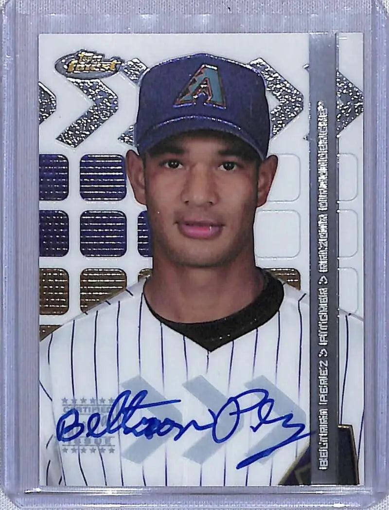 Signed Beltran Perez Arizona Diamondbacks baseball card in pinstriped uniform and navy cap