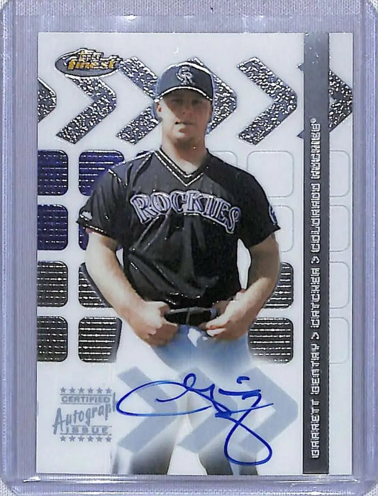 Baseball card of Garrett Gentry in black uniform, Colorado Rockies with autograph