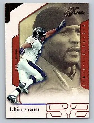 Ray Lewis trading card featuring player action shot in white uniform, 2002 Flair #4