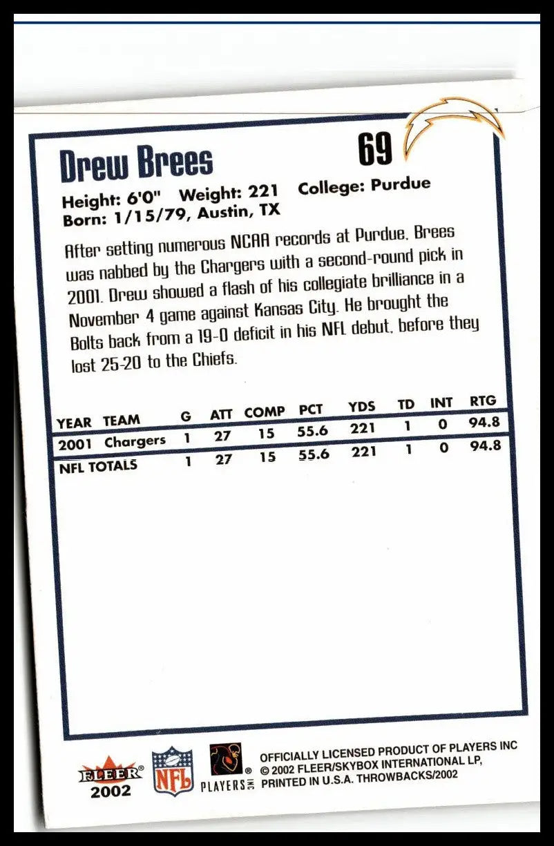 2002 Fleer Throwbacks #69 Drew Brees San Diego Chargers football card collectible