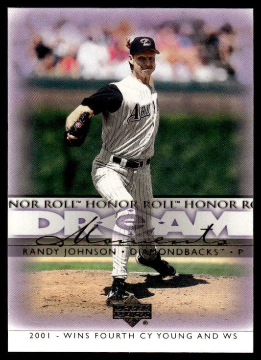 Randy Johnson mid-delivery on 2002 Upper Deck Honor Roll Baseball Card in pinstripes