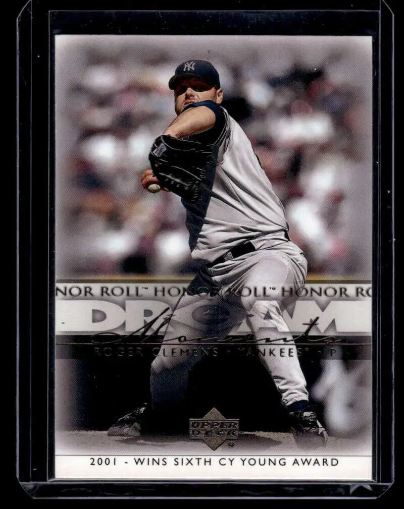 Baseball trading card of Roger Clemens in Yankees uniform from Upper Deck Honor Roll