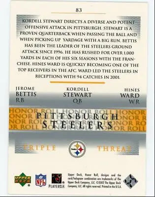 Back of 2002 Upper Deck Honor Roll Triple Threat Pittsburgh Steelers #83 trading card