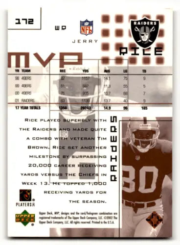 Jerry Rice football card 2002 Upper Deck MVP original gloss Raiders EX/NM ID:59246