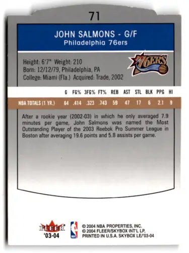 Basketball card back of 2003-04 SkyBox LE Retail #71 John Salmons with original gloss