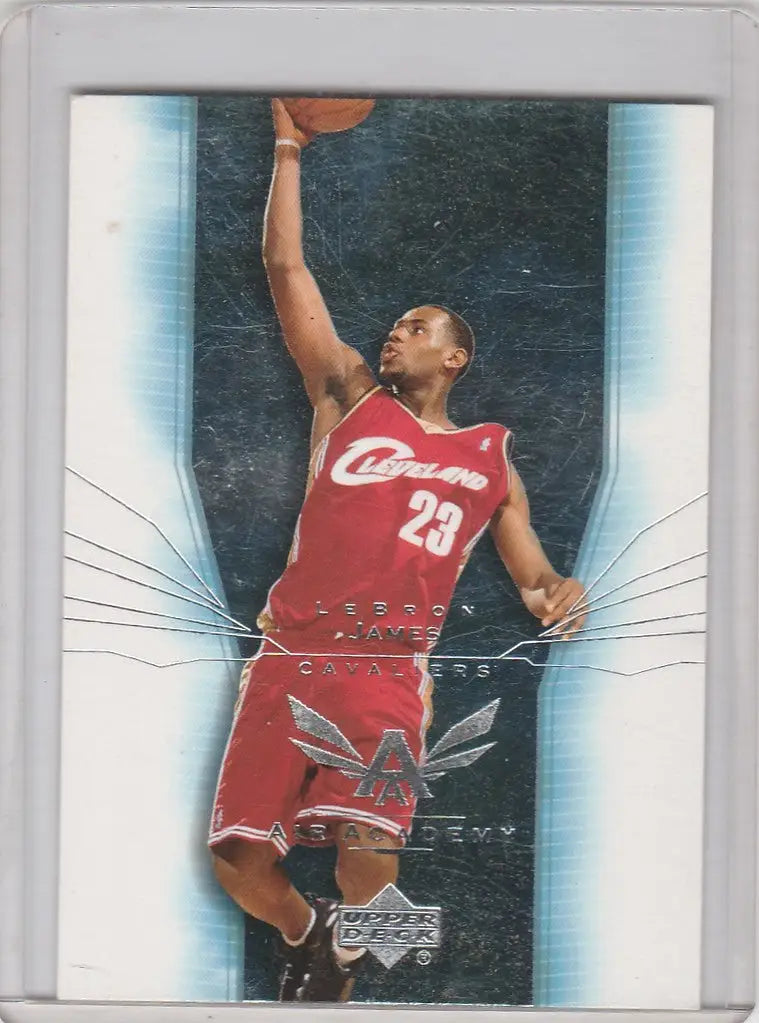 Basketball trading card of LeBron James in red jersey 23 for Upper Deck Air Academy