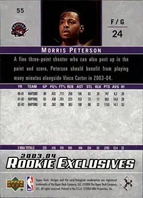 Morris Peterson basketball card from 2003-04 Upper Deck Rookie Exclusives for Toronto Raptors