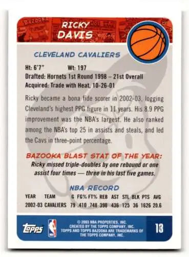 Ricky Davis Cleveland Cavaliers basketball card with original gloss from 2003 Bazooka