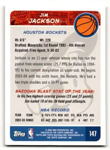 Jim Jackson Houston Rockets basketball card from 2003 Bazooka with original gloss