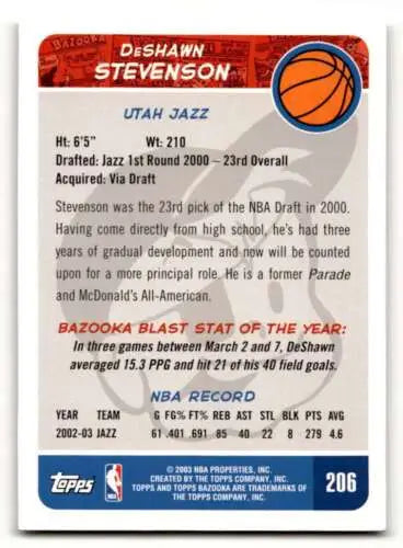 DeShawn Stevenson Utah Jazz basketball card 2003 Bazooka original gloss EX/NM